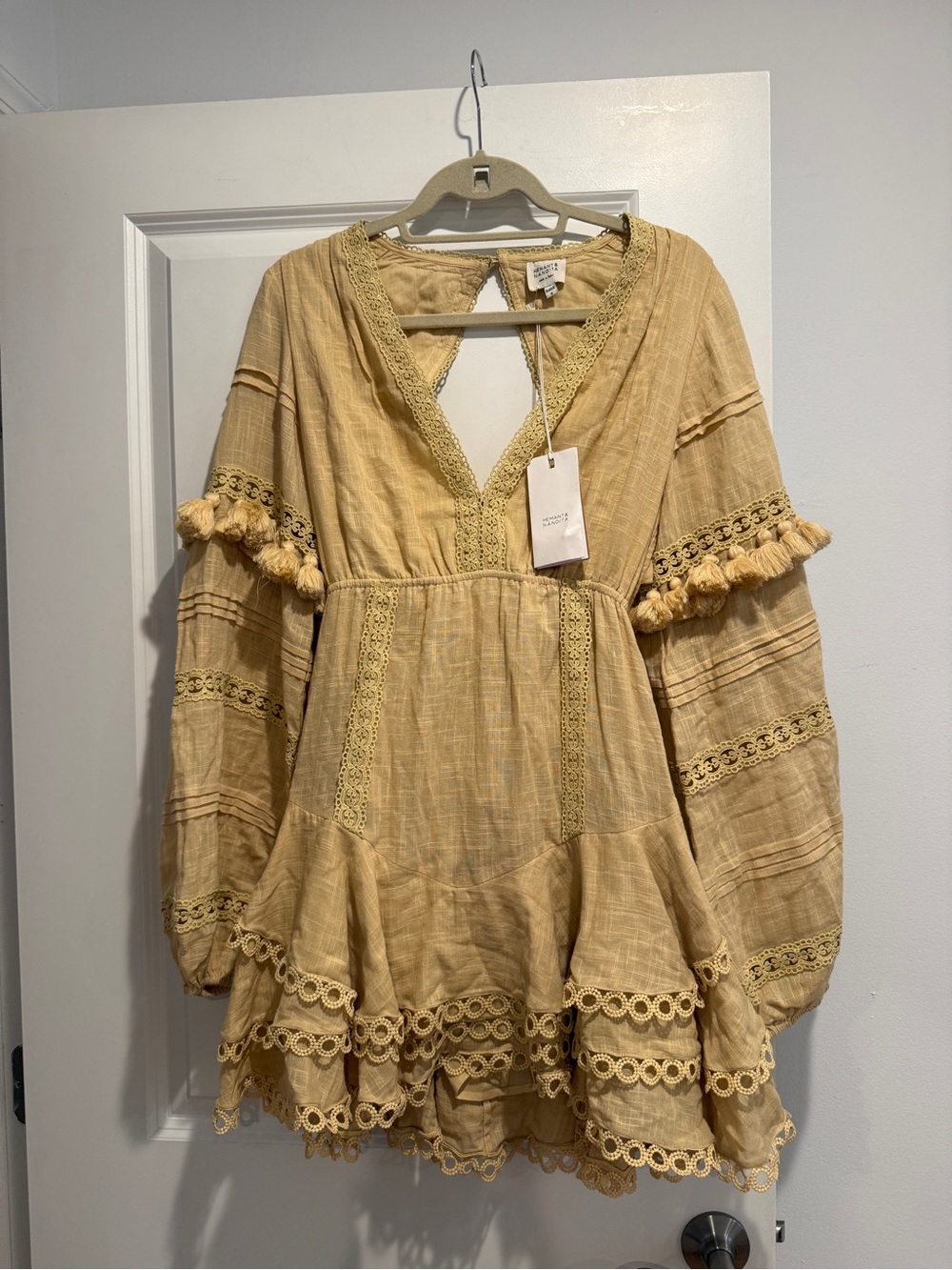 HEMANT & NANDITA Yellow Tassel Lace Tiered Mini Dress